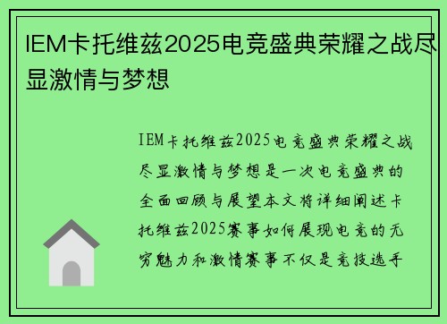 IEM卡托维兹2025电竞盛典荣耀之战尽显激情与梦想